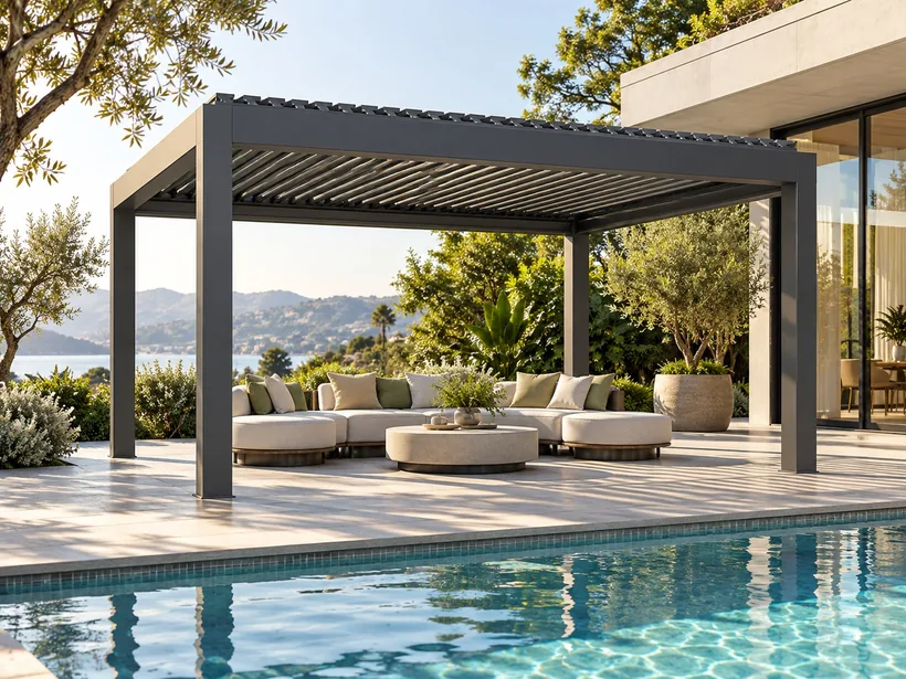 Anthracite louvred roof pergola beside a swimming pool