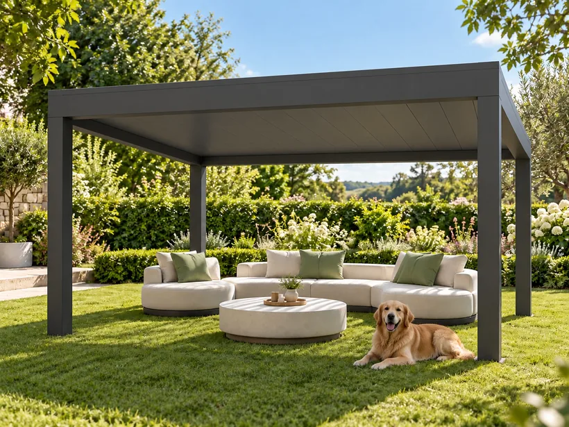 Louvred roof pergola over a garden lounge on a lawn