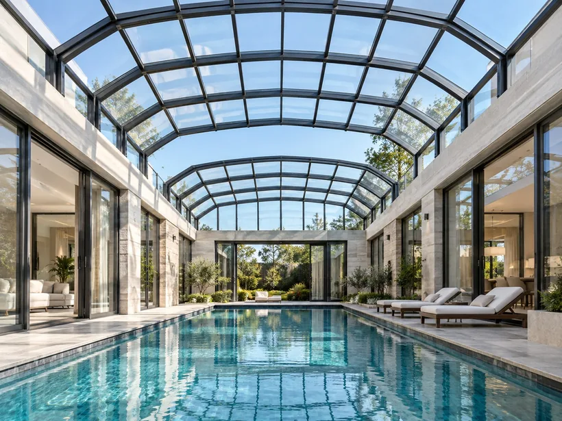 Retractable sunroom enclosing a swimming pool