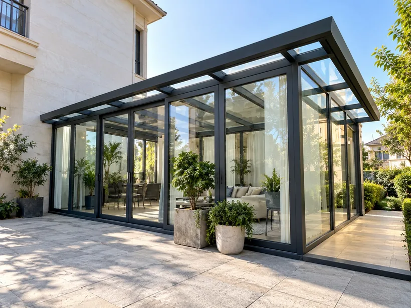 Aluminium sunroom with full-height glazing attached to a villa