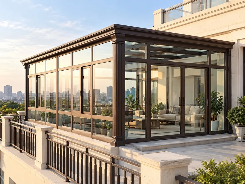 Bronze-frame aluminium sunroom on a balcony terrace